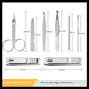 Ensemble de coupe-ongles en acier inoxydable 8 pièces coupe-sourcils et fourchette à cuticules outil de manucure incliné avec boîte de beauté emballage Stock - Product Image 5