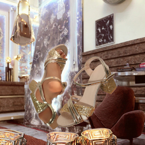 Mode paillettes talon épais sangle droite femmes printemps nouvelle couleur unie décontracté bout ouvert sandales de plage - Product Image 3