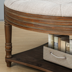 Large Round Waterproof Ottoman Coffee <b>Table</b> 2 Tier Button Tufted With Wooden Shelf Storage Farmhouse Style - Product Image 5