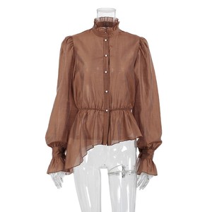 Fabricant de Blouses Femme Personnalisées OEM ODM, Marque Privée, Col Montant, Bordure <span class=keywords><strong>Dentelle</strong></span>, Manches Bouffantes, Taille Cintrée Vintage, Vente en Gros Automne - Product Image 5