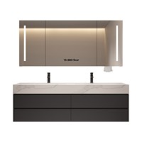 Meuble de salle de bain avec double vasque et miroir, combinant lavabo et table de toilette, avec vasque en porcelaine monobloc, sur pied