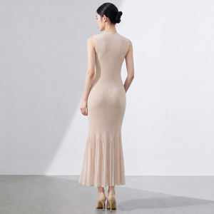 Vestido midi informal para mujer con bordado floral, sin mangas, cuello redondo, corte recto y acampanado, transpirable, con volantes y cuello mandarín. - Product Image 6