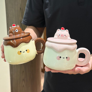 แก้วพุดดิ้งน่ารักและสร้างสรรค์ ของขวัญวันเกิดสำหรับเด็กผู้หญิง กลับไปโรงเรียน แก้วเซรามิกแบบใช้ซ้ำได้พร้อมฝาปิด แก้วนมกาแฟสำหรับใช้ในบ้าน - Product Image 3