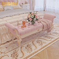 Banc de bout de lit en velours rose, banc de lit princesse français artisanal avec cadre en bois sculpté, banc rembourré pour chambre à coucher pour filles