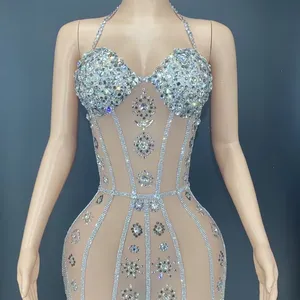 2022 birthday luxury slim chain dress Sleeveless See Through Strips Solid Dress Sexy dinner dresses singer evening costume