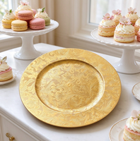 Assiette de présentation ronde en plastique dorée à motifs floraux, décorative, pour la décoration de table de mariage ou de banquet