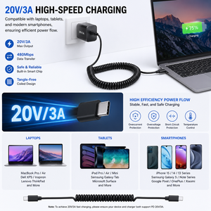 Lung Kay Duty <b>USB</b> C <b>to</b> <b>USB</b> C <b>Cable</b> 60W PD Fast Charging High-Resilient TPU Spring <b>Cable</b> <b>USB</b>-C 2.0 <b>Cable</b> for Mobile Devices - Product Image 3