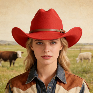 ZhenXi Cowboy Hat M56-58cm Red Solid Color Wool Felt Wide Brim Fashionable Stylish Commute Hat - Product Image 4