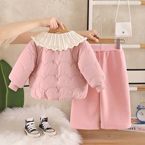 Set Tre Pezzi per <span class=keywords><strong>Bambina</strong></span>, Completo Caldo Autunno-Inverno con Colletto a Volant, Outfit Imbottito Spesso per Bambini, Abbigliamento Casual per Uso Quotidiano e All'aperto - Product Image 4