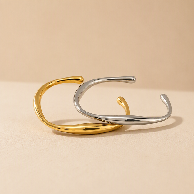 Stainless Steel Organic Open Cuff Bracelet Gold Silver Irregular Fluid Wave Bangle Minimalist Jewelry Women Wholesale Custom OEM