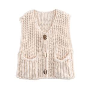 Gilet en tricot uni boutonné pour femme, col en V, sans manches, pull décontracté tendance printemps-automne - Product Image 6