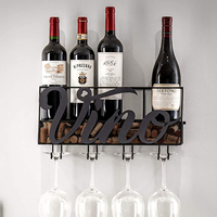 Étagère Murale Personnalisée pour 5 Bouteilles de Vin avec Rangement pour 4 Verres à Pied et Organisateur de Bouchons pour Bar à Domicile