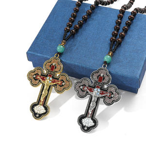 Crocifisso ortodosso <span class=keywords><strong>collana</strong></span> pendente con perline in legno oro e <span class=keywords><strong>argento</strong></span> tono croce con gesus Christian gioielli religiosi uomini donne - Product Image 2