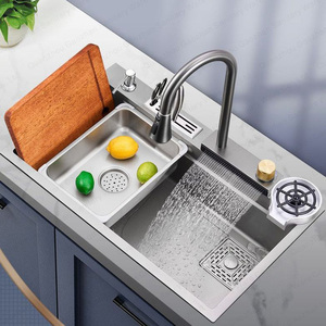 Handmade 304 thép không gỉ bồn rửa đơn Nano Fly-rain Thác nước phong cách với vòi vuông bát đơn nhà bếp món ăn bồn rửa - Product Image 2