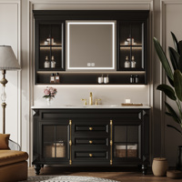 Luxury Bathroom Vanity with Sink, Hand-carved Vanity with Smart LED Defog Mirror, Solid Wood Floating Vanity Cabinet with Glass
