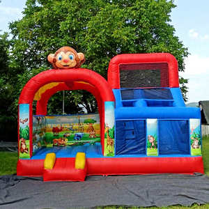 Castillo inflable comercial con tobogán y zona de saltos, con temática del reino animal, modelo mono. - Product Image 1