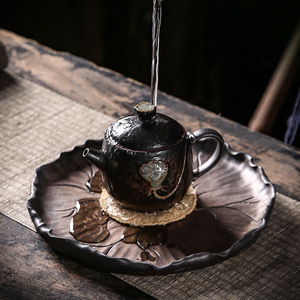 <span class=keywords><strong>Plateau</strong></span> à thé en céramique stoneware de style rétro japonais, avec finition en émail doré, motif feuille de lotus, pour service à thé Kung Fu et <span class=keywords><strong>table</strong></span> à thé - Product Image 3