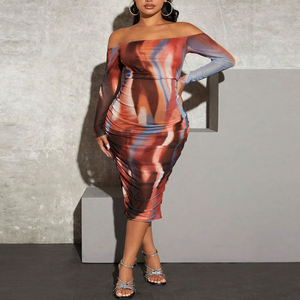 Robe de maternité personnalisée pour femme, sexy, imprimé marbré, manches courtes, épaules dénudées, coupe trapèze, longueur midi, décontractée, respirante, pour club - Product Image 4