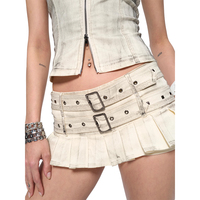 Vintage Distressed Rivet Ceinture Workwear Mini Jupe Plissée Respirant Denim Droit Style Casual Jeans