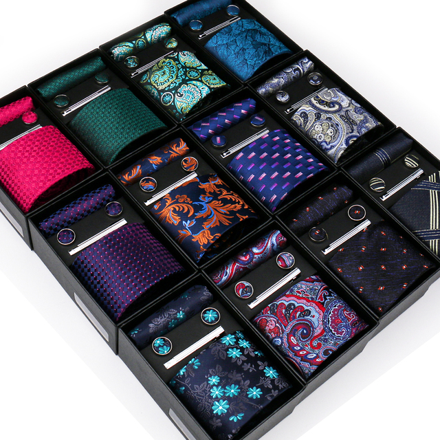 Formal Dress Neck Ties for Mens Black Necktie With Ties Clip Gift Set Neckties Hanky Cufflinks 4pcs Suits for Party Wedding