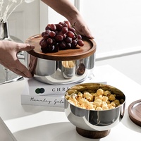 Plateau à fruits en bois d'acacia moderne et luxueux, bol en acier inoxydable à trois étages, plateau de rangement pour noix, collations et table basse