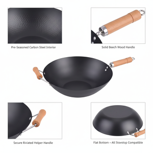 Ustensiles de cuisine chinois personnalisable, épaisseur à deux couches, antiadhésif en acier au carbone, <span class=keywords><strong>wok</strong></span> avec couvercle en bois 14/1.5 cm, 35.5 pièces - Product Image 4