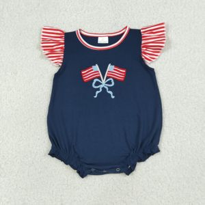 SR3903 RTS Infant Baby Western NAVY solid 4rh of flag embroidery style <b>Kids</b> Wholesale Romper short Sleeve girl cute <b>Bubble</b> - Product Image 2