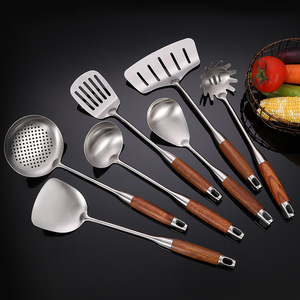 Spatule à wok, cuillère à wok, spatule à frire, ensemble d'ustensiles de cuisine, louche à soupe, grande taille, en acier inoxydable 201 avec manche en bois de rose - Product Image 1