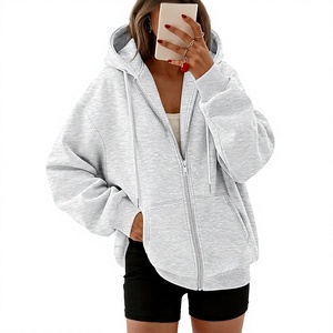 Women's Oversized <b>Grey</b> Full <b>Zip</b> <b>Up</b> <b>Hoodie</b> Soft Fleece Lined Long Sleeve Baggy Hooded Sweatshirt Jacket with Drawstring - Product Image 1