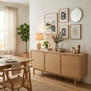 <span class=keywords><strong>Buffet</strong></span> en bois de chêne <span class=keywords><strong>clair</strong></span> nordique, armoire de rangement personnalisée OEM à 4 portes cannelées pour salle à manger et hôtel - Product Image 2