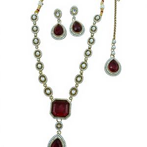 Latest <b>Pearl</b> Antique Long <b>Gold</b> Plated Kundan <b>Necklace</b> Set with Earrings & Maang Tikka Ruby Red Bridal Jewelry for Women - Product Image 1
