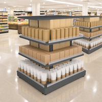 Présentoir îlot gondole 4 voies à 360 degrés, accès 4 côtés, 3 niveaux de rayonnage, structure en bois avec bords en acrylique, pour magasin de détail