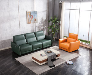 Ensemble de canapés inclinables trois places en cuir véritable de luxe avec fonctions de massage et de refroidissement extensibles, design moderne, structure métallique - Product Image 1