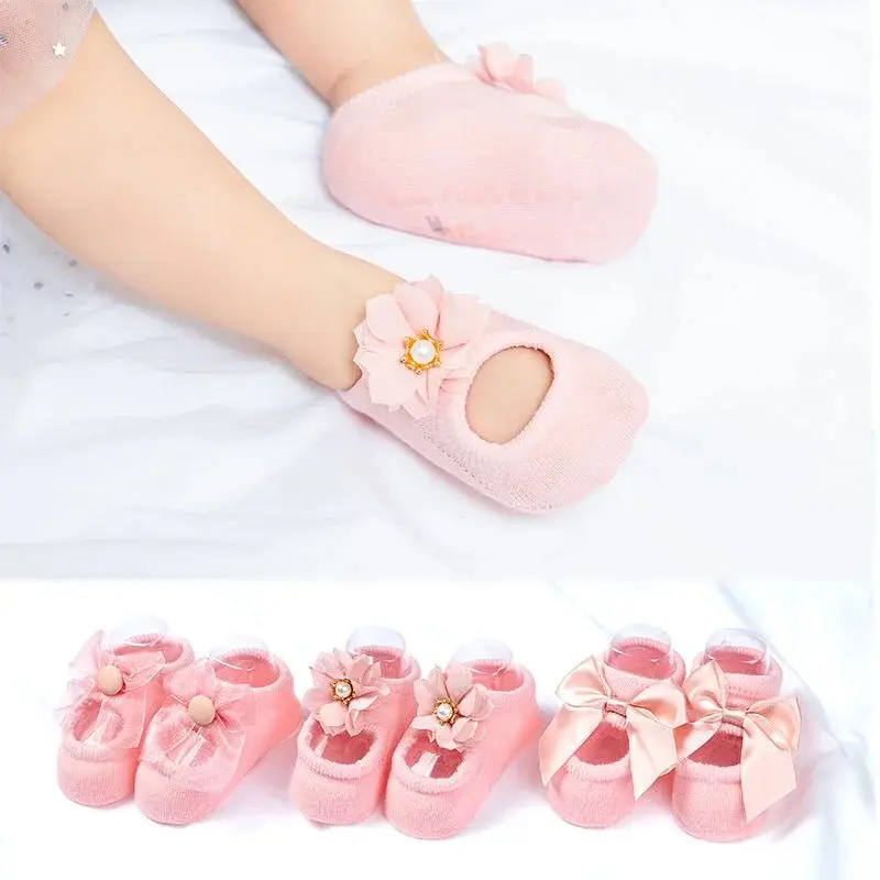 Spring Newborn Baby Socks with Bow Ribbon Lace Solid Soft Cotton Infant Baby Girls Princess sunnmer Socks