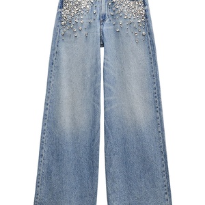 Pantalones vaqueros casuales de mujer con pedrería, de pierna recta y corte holgado, con lavado a la piedra personalizado - Product Image 2