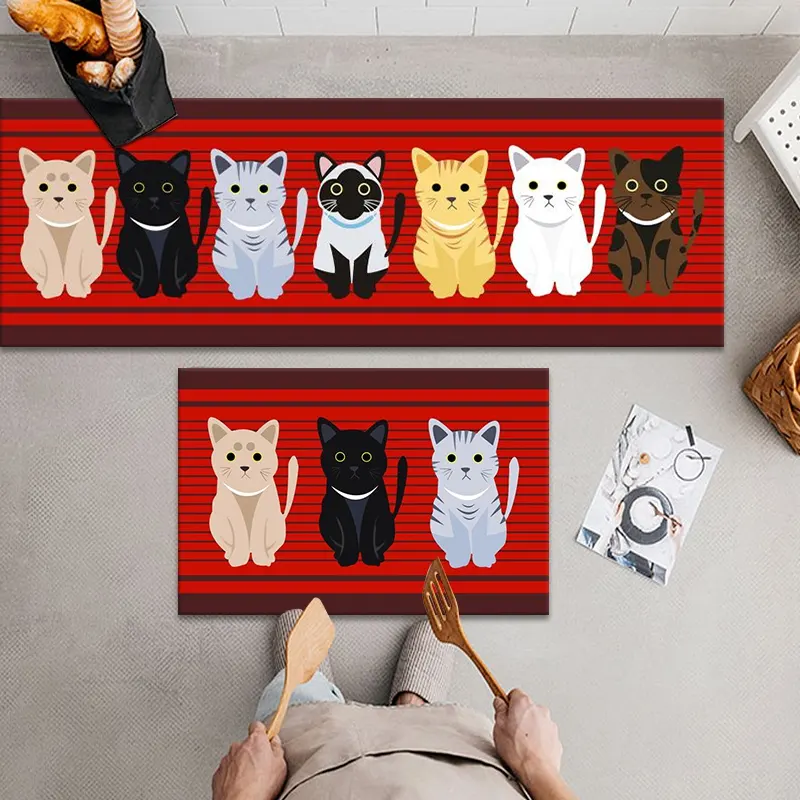 빨 수있는 주방 양탄자와 매트 세트 귀여운 만화 고양이 애완 동물 미끄럼 카펫 및 주방 주자를위한 러그