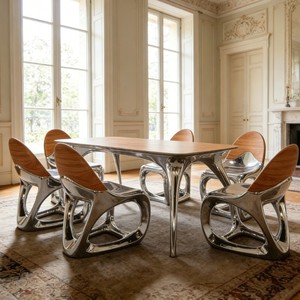 Set da Pranzo Moderno con Tavolo Elegante in Legno e Base in Metallo Argento per Ville e Appartamenti di Lusso - Product Image 5