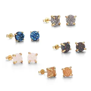 925 Sterling Silver 8-12MM gold plated jewelry Square natural crystal agate gemstone statement druzy earrings stud women