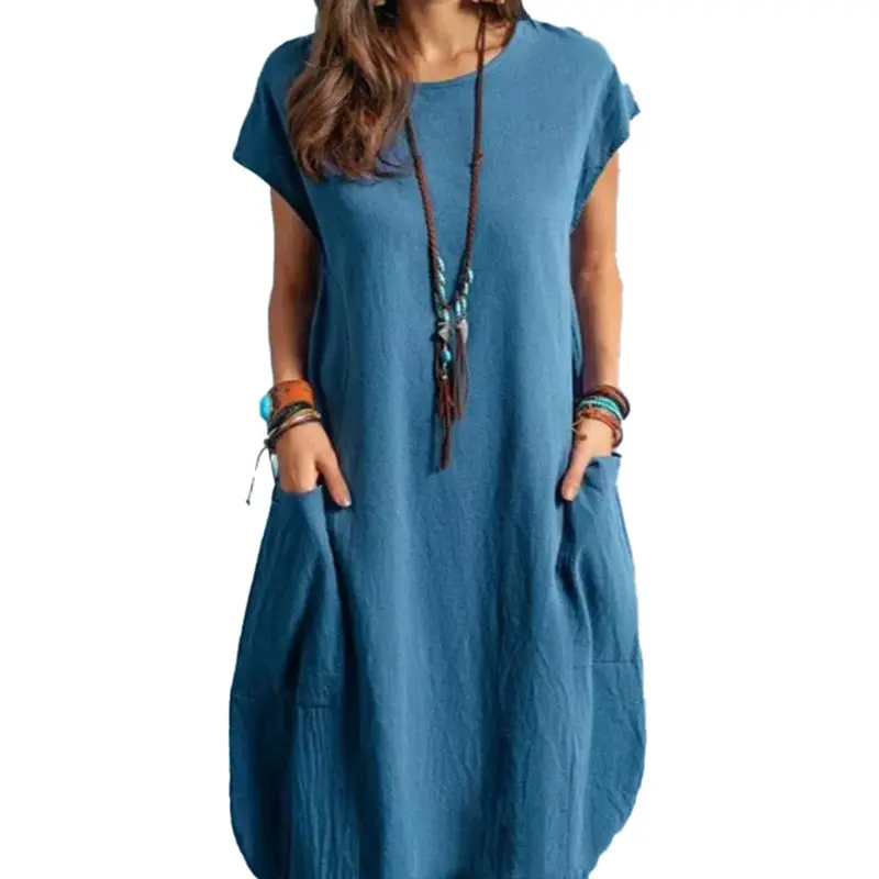 Summer Short Sleeve Women Sundress Solid Color Loose Ladies Cotton And Linen Loose Casual Solid Pocket Plus Size Women'S Dresses