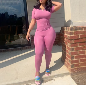 Custom LOGO Lounge Wear Women Clothing 2025 Solid <strong>Knitted</strong> Ribbed Two Piece <strong>Set</strong> Women Short Sleeves Skinny Pant <strong>Set</strong> - Product Image 5