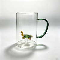 Tasses en verre résistant à la chaleur, tasse en verre transparent soufflé à la main avec une petite tortue 3D à l'intérieur, verre à boire avec poignée verte pour le café et l'eau