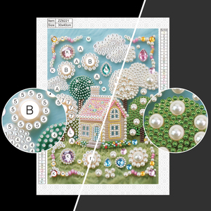 Splendida Pittura Diamantata con Paesaggio, <span class=keywords><strong>Casa</strong></span>, Albero, Nuvola e Perle Semilavorate - Product Image 5