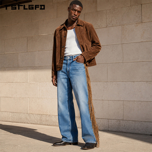 Pantalones vaqueros de mezclilla de pierna ancha con flecos estilo desierto, lavado vintage, pesados, con borlas laterales estilo western, para venta al por mayor - Product Image 6