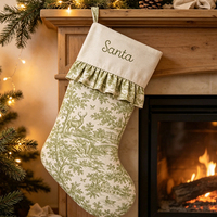 Chaussette de Noël personnalisée en toile verte à imprimé toile de Jouy avec volant, pour décoration de Noël à suspendre, cadeau de Noël, vente en gros