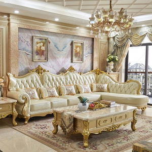 Divano in Pelle Europeo di Lusso per Soggiorno, Divano Angolare a L, Nuovi Design con Intagli in Legno Massello, Oro <span class=keywords><strong>Champagne</strong></span> - Product Image 1