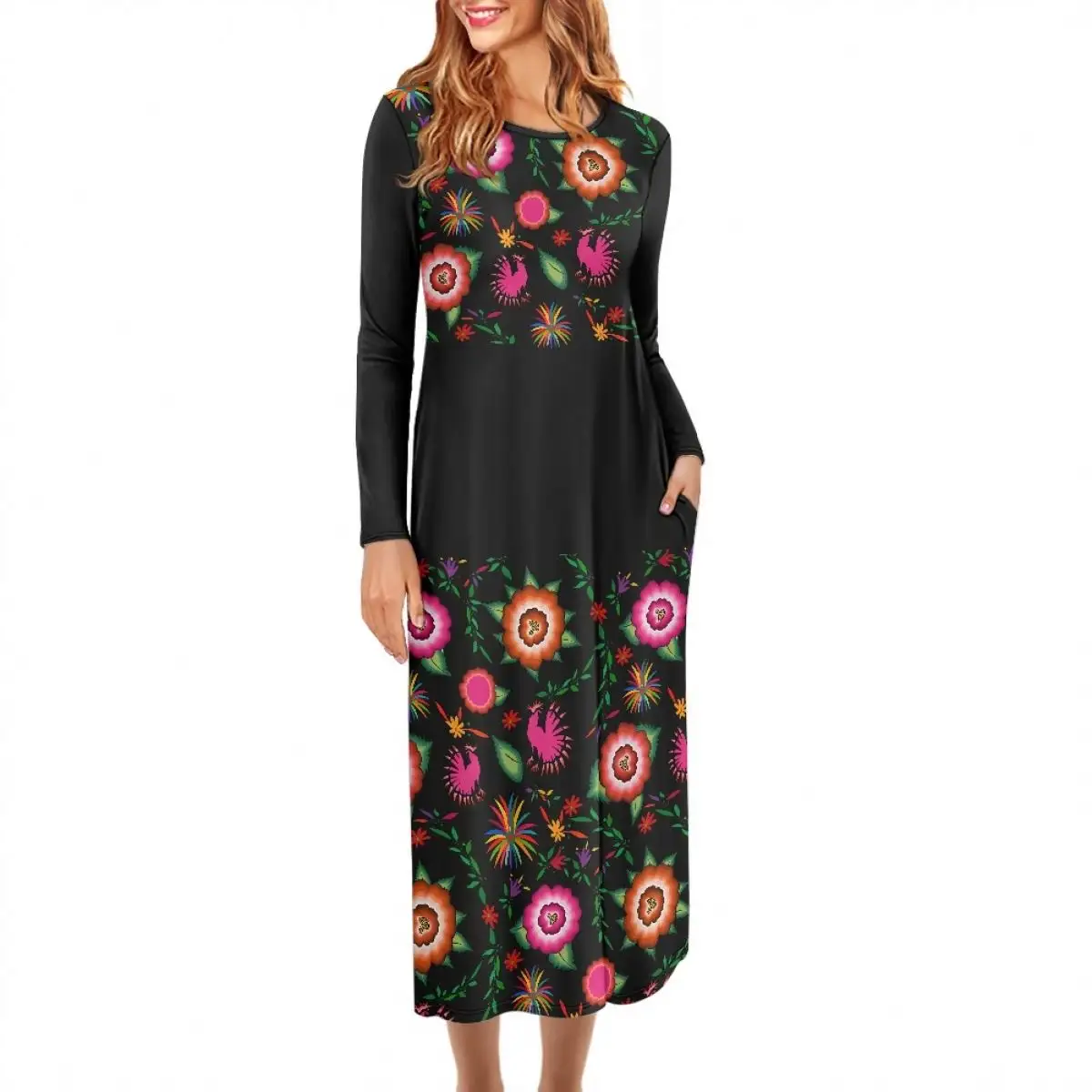 2023 Mexican Folk Art Embroidery Style Vector Pattern With Flowers Clothing Plus Size Custom Oversize Print Loose Girls' Dresses