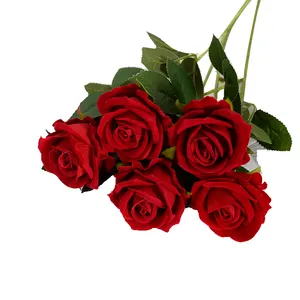 Amazon Hot Koop Kunstmatige Bloem Enkele Fluweel Rode Bulk Bruiloft Decoratieve Eeuwige Rose Bloemen Kunstmatige