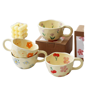 Hot Sale Hand Painted Irregular Flower Design Ceramic Coffee <b>Mug</b> Creative Cups <b>Cute</b> Handmade Ceramics Cup With Disc - Product Image 2