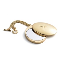 Espejo de Maquillaje de Bolsillo Giratorio Ovalado de Metal Dorado con Grabado en Relieve, Personalizado y de Doble Cara, con Cadena
