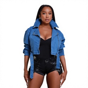 Women's Denim Moto <b>Jacket</b> With Stand Collar Zipper Closure <b>Short</b> Length Full <b>Sleeve</b> Solid Color Spring Style - Product Image 1